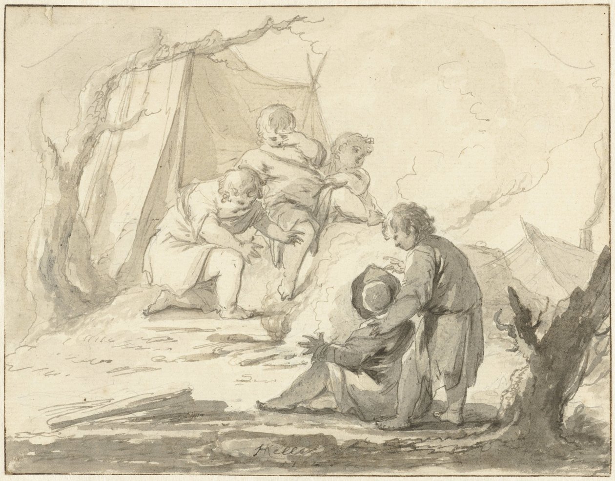 Rappresentazione allegorica con bambini intorno a un fuoco da Johann Heinrich Keller (II)