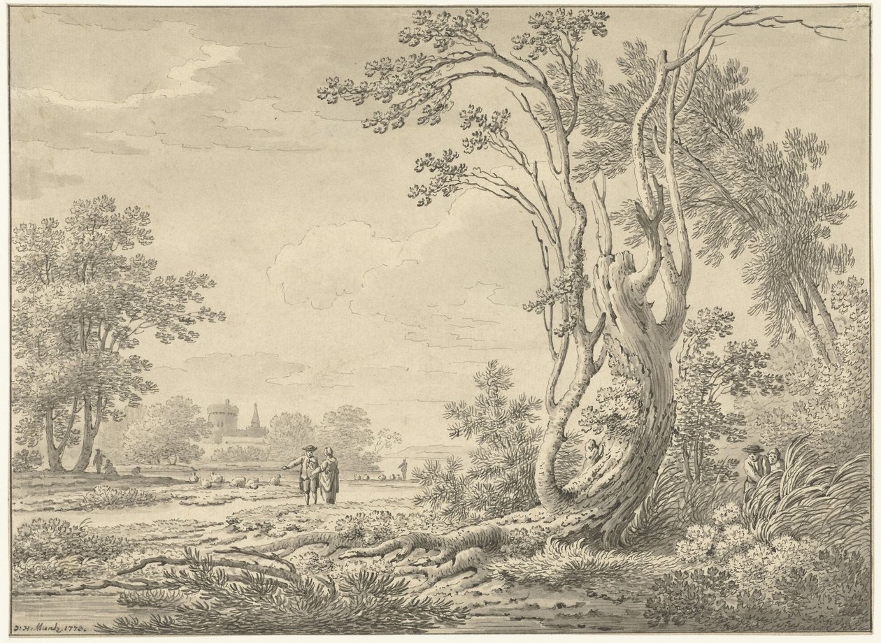 Paesaggio meridionale con castello, bestiame e passeggiatori da Johann Heinrich Muntz