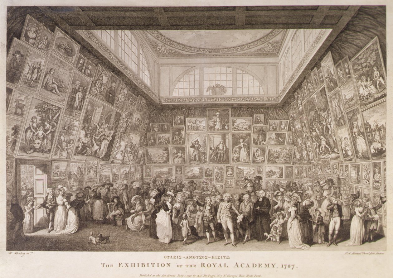Veduta interna di Somerset House che mostra una mostra della Royal Academy of Arts nel 1787 da Johann Heinrich Ramberg
