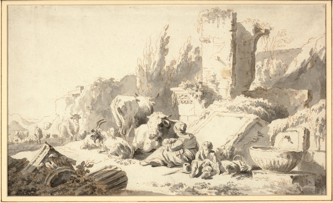 Un mandriano con la sua famiglia e il bestiame accanto a rovine classiche da Johann Heinrich Roos