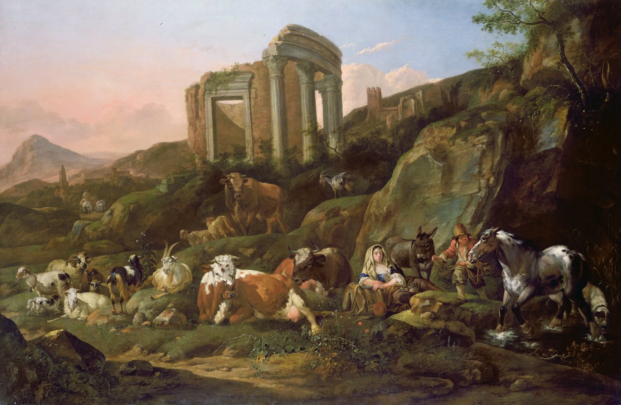 Animali da fattoria in un paesaggio classico, 1684 da Johann Heinrich Roos