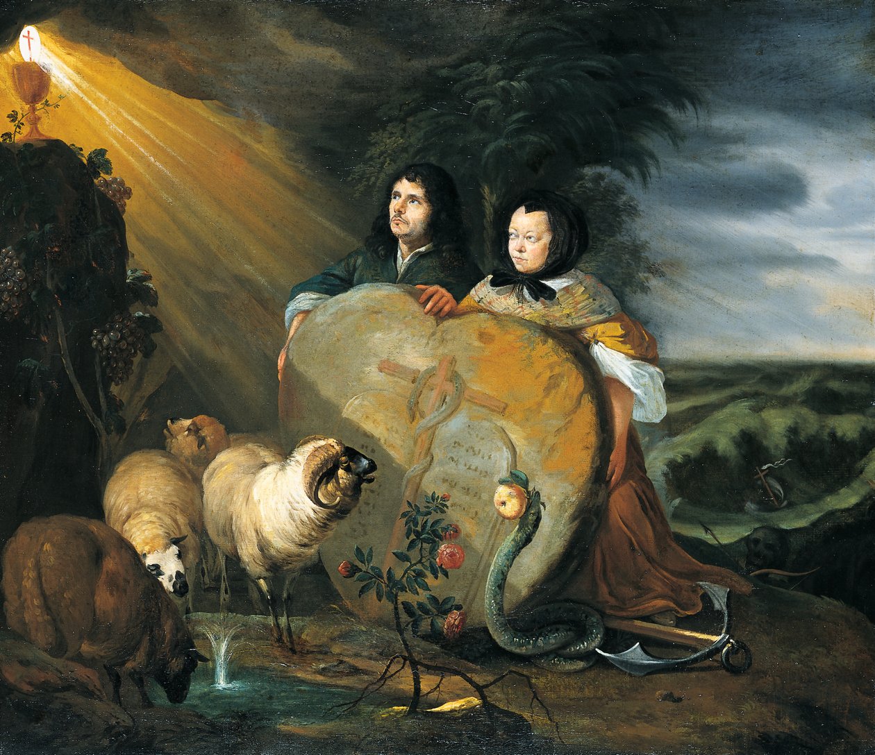 Autoritratto (?) con la moglie e simboli della fede cristiana da Johann Heinrich Roos