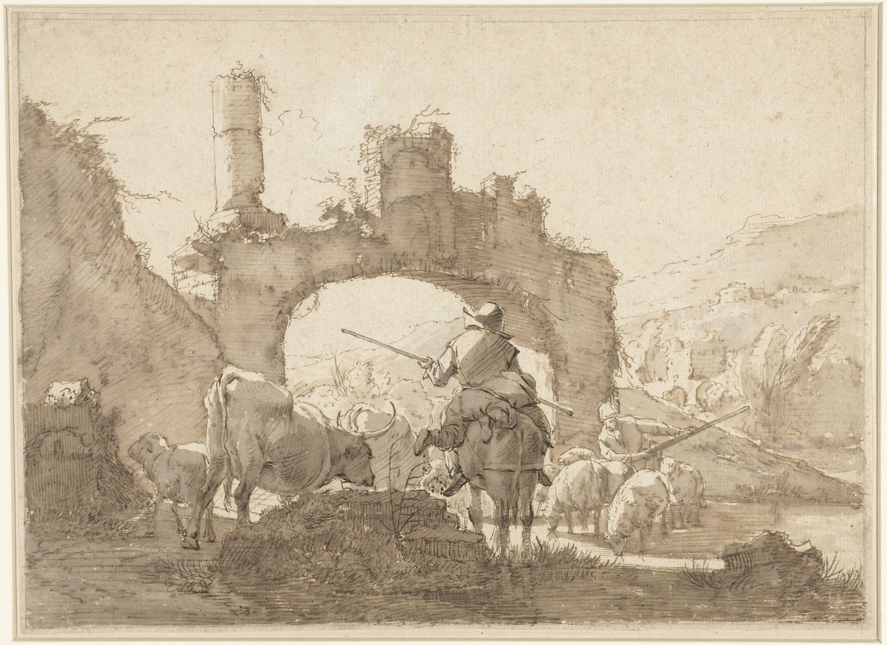 Due pastori guidano il loro bestiame attraverso un fiume da Johann Heinrich Roos