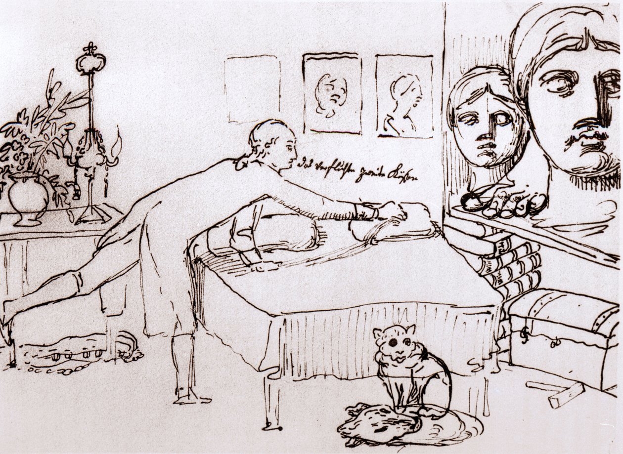 Johann Wolfgang Von Goethe nella sua casa in Via del Corso a Roma. Disegno di Johann Heinrich Wilhelm Tischbein (1751-1829) (detto anche Goethe-Tischbein o Goethe Tischbein). sd. XVIII secolo da Johann Heinrich Wilhelm Tischbein