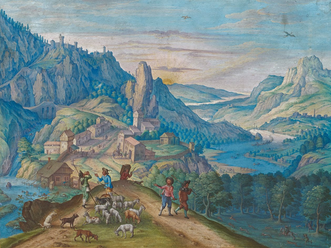 Paesaggio montano al crepuscolo con valle fluviale e figure, 1640 da Johann Jacob Besserer