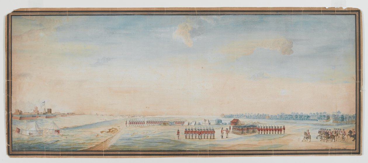 Fanteria britannica, fanteria indigena e cavalleria indigena che si esercitano fuori dal Forte St George, Madras da Johann Jacob Ludewig Rothmeyer
