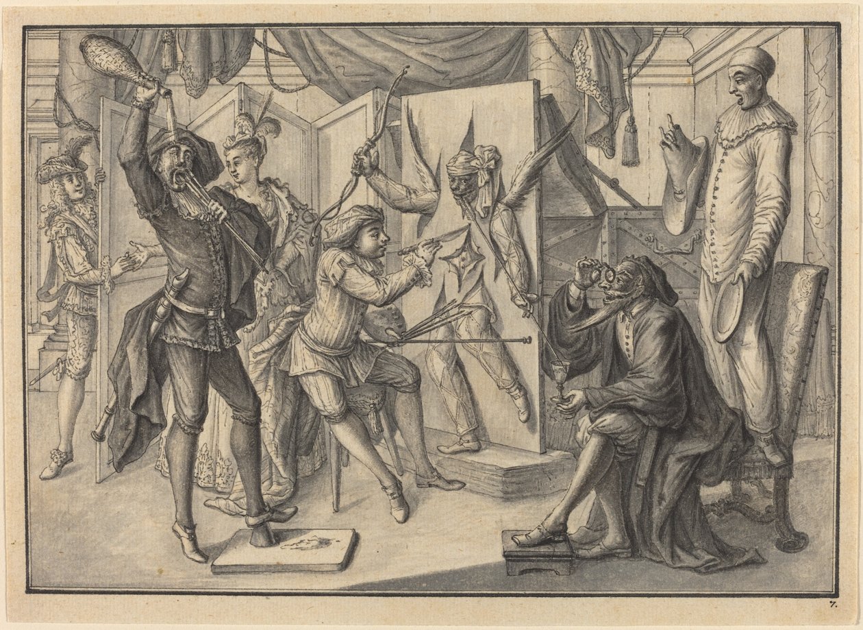 Mezzetin "dipinge" un ritratto di Cupido tagliando la tela per rivelare Arlecchino da Johann Jacob Schubler