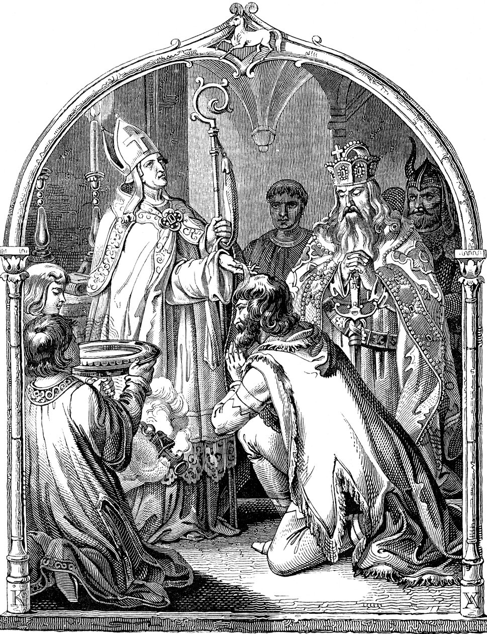 Battesimo del capo sassone Widukind, illustrazione dalla Geschichte des deutschen Volkes di E. Duller, 1840 da Johann Jakob Kirchhoff