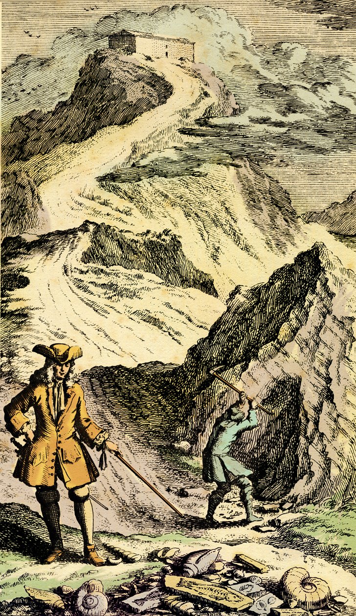 Paleontologia: il naturalista svizzero Johann Jakob Scheuchzer (1672-1733) scoprì nelle montagne svizzere le tracce del Diluvio Universale grazie ai fossili. Incisione da 