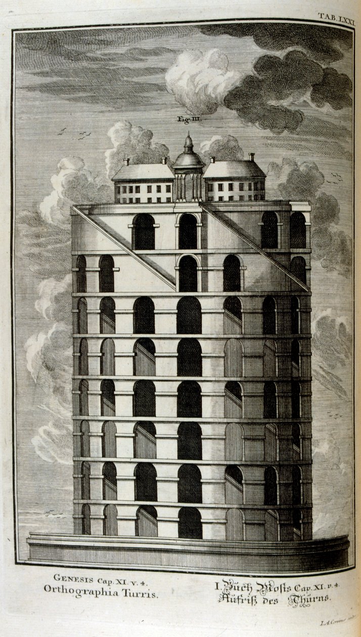 Piano della Torre di Babele visto di lato da Johann Jakob Scheuchzer