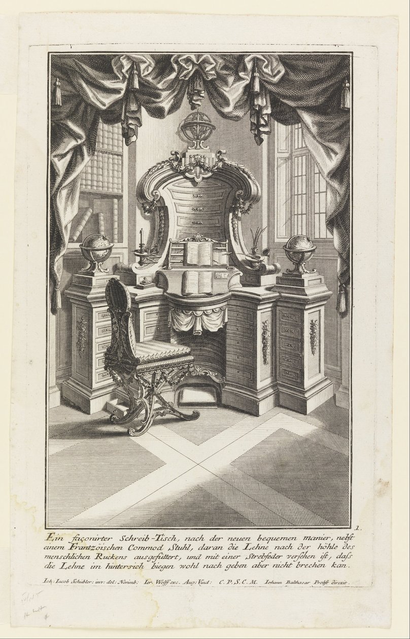 Ein façonirter Schreib-Tisch, (Scrivania e sedia) da Johann Jakob Schübler