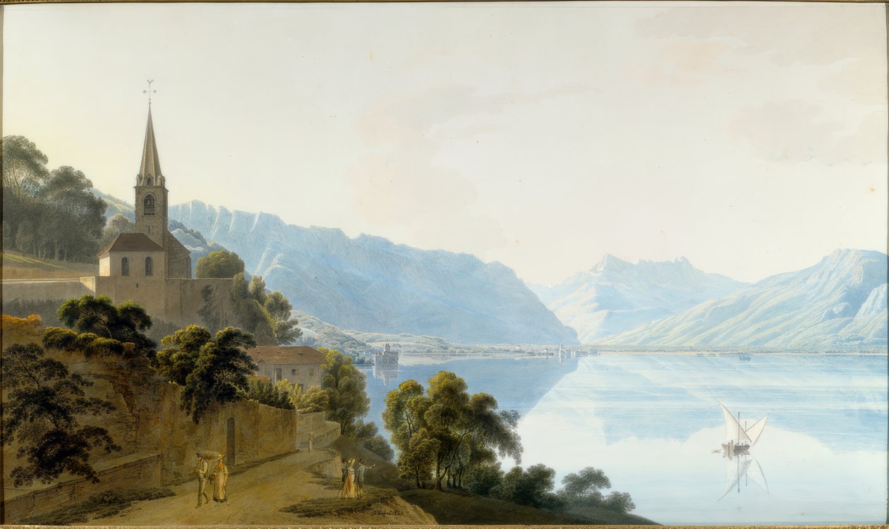 La chiesa di Les Planches, Chillon, Villeneuve e i Dents du Midi da Johann Jakob Wetzel