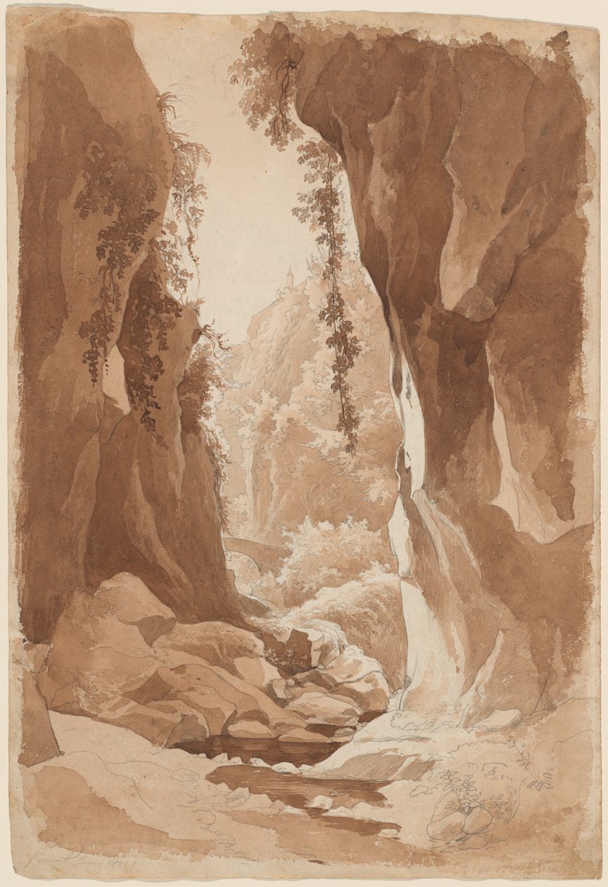 Scogliere che sovrastano una gola del fiume vicino a Sorrento (recto) da Johann Joachim Faber