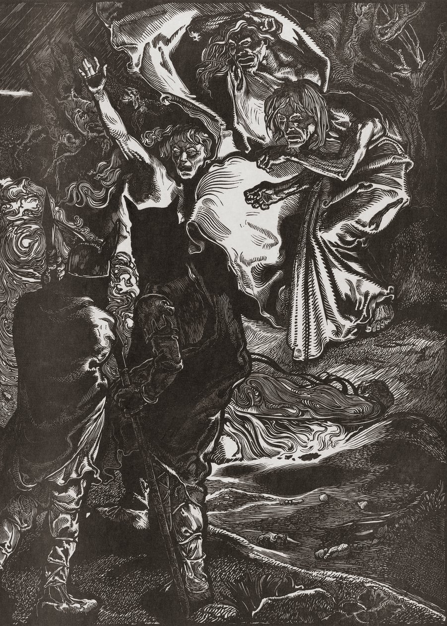 Macbeth e Banquo incontrano le tre streghe, XX secolo (incisione) da Johann Joseph Aarts