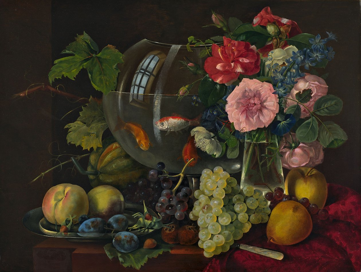 Natura morta con ciotola per pesci rossi (olio su tavola) da Johann Knapp