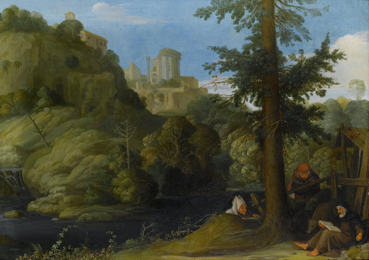 Un eremita con due viaggiatori in un paesaggio boscoso da Johann König
