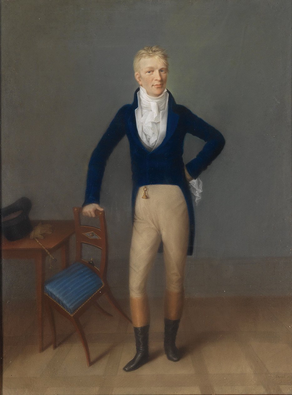Ritratto di un signore biondo in figura intera in costume da equitazione, appoggiato a uno schienale di sedia da Johann Lorenz Kreul