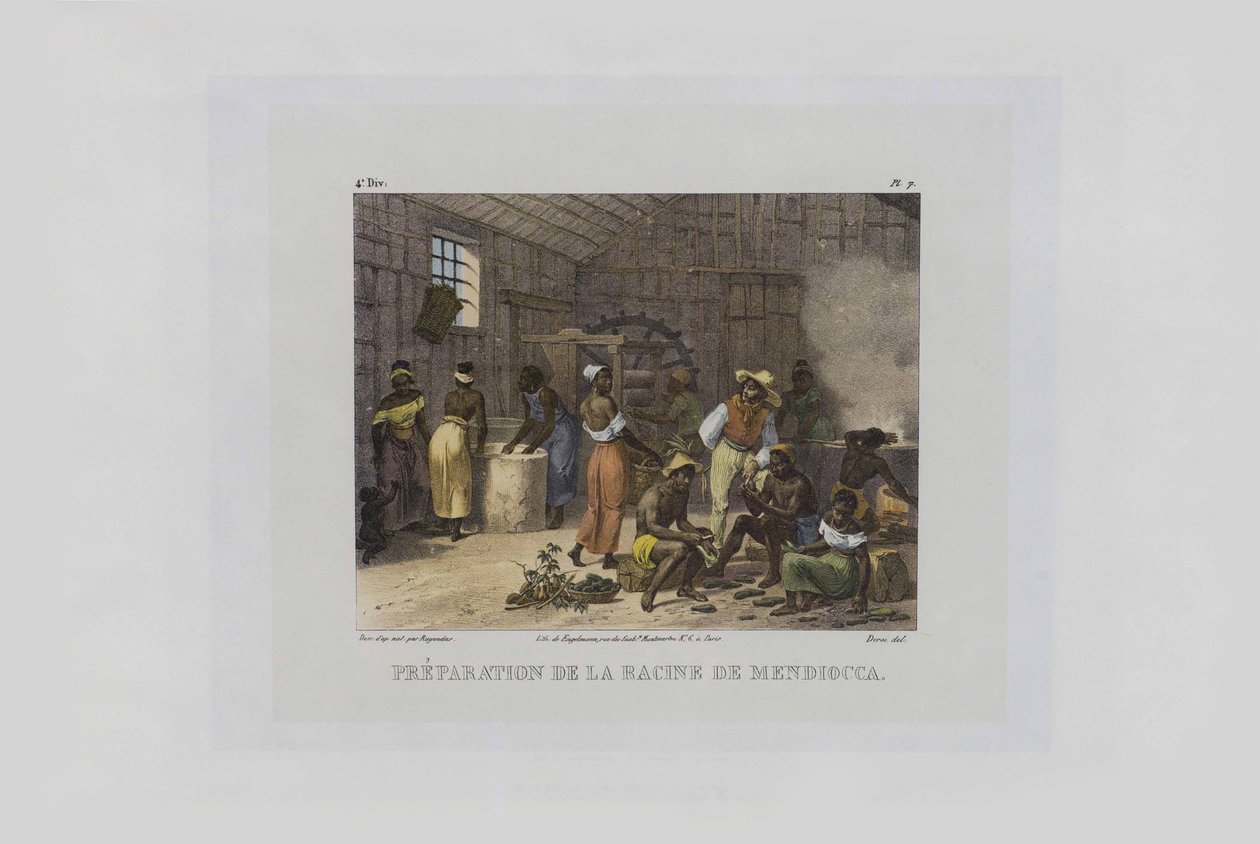 Preparazione delle radici di manioca. Da Malerische Reise in Brasilien da Johann Moritz Rugendas