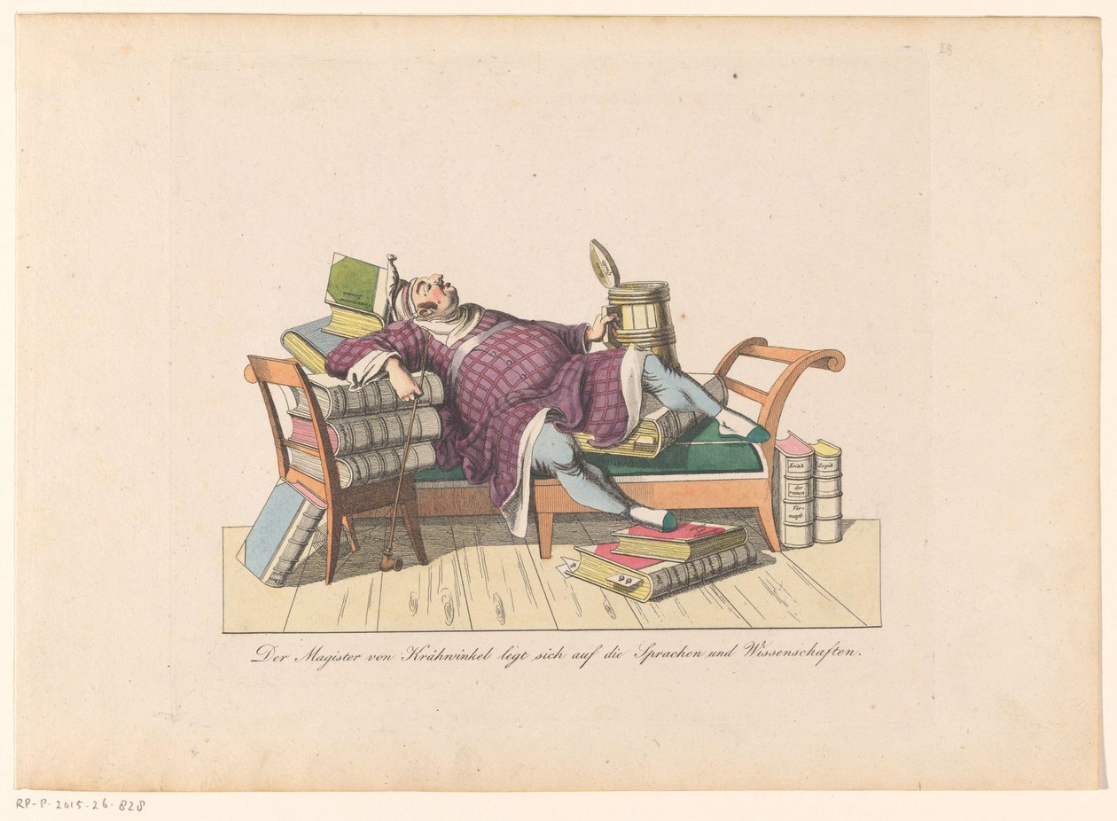 Insegnante di Krähwinkel sdraiato su un divano con libri da Johann Nussbiegel (possibly)