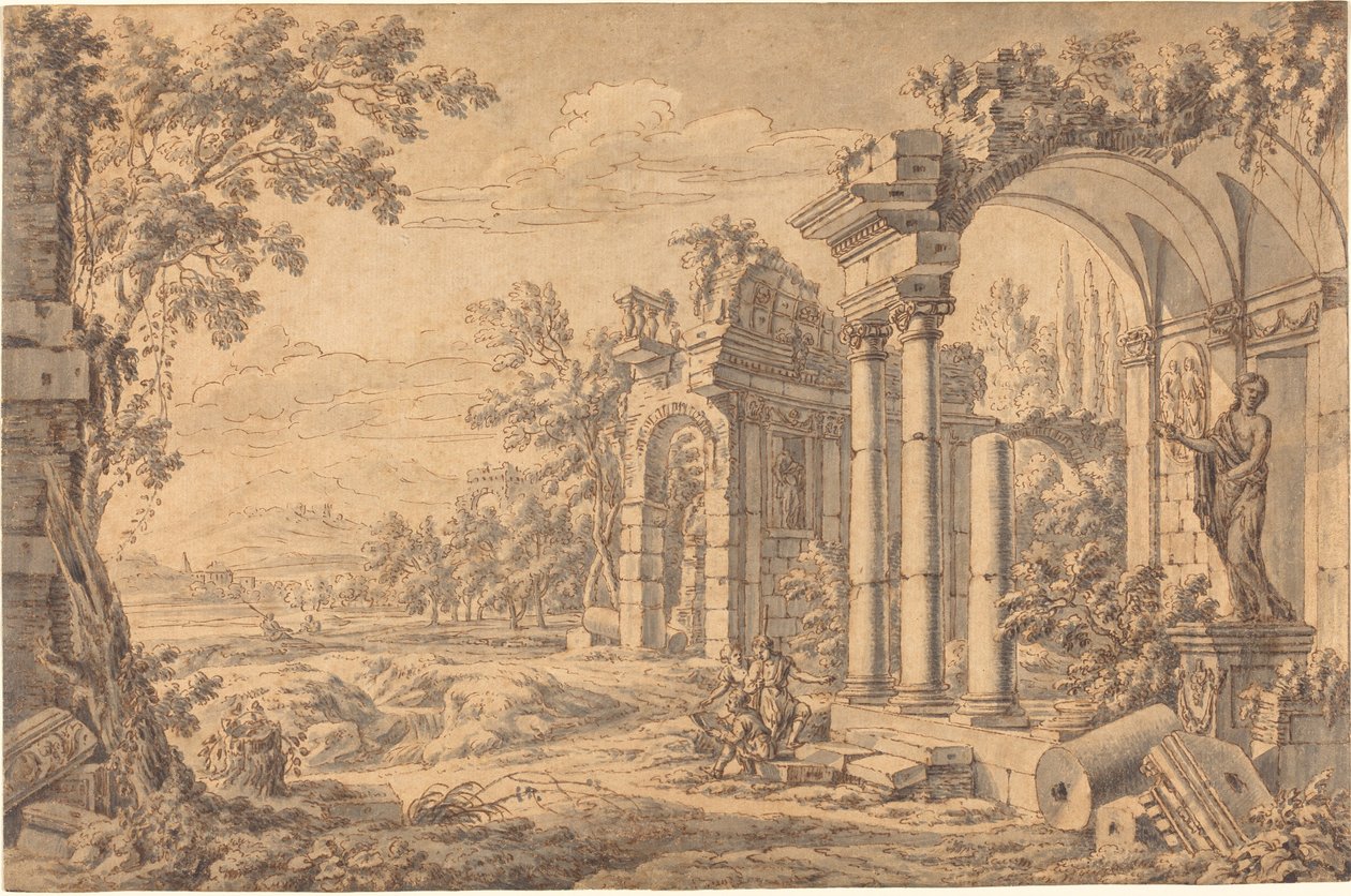 Paesaggio con un disegnatore tra rovine antiche da Johann Oswald Harms