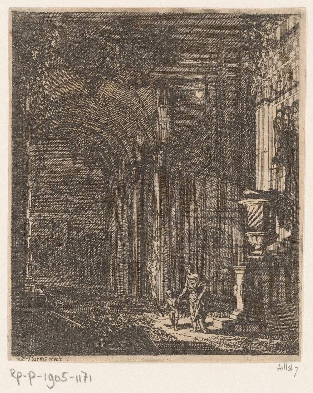 Due figure illuminano rovine antiche con una torcia da Johann Oswald Harms