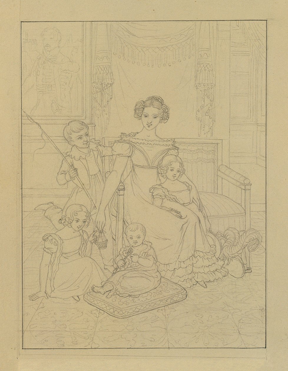 Disegno a contorno di una madre con quattro bambini da Johann Peter Krafft
