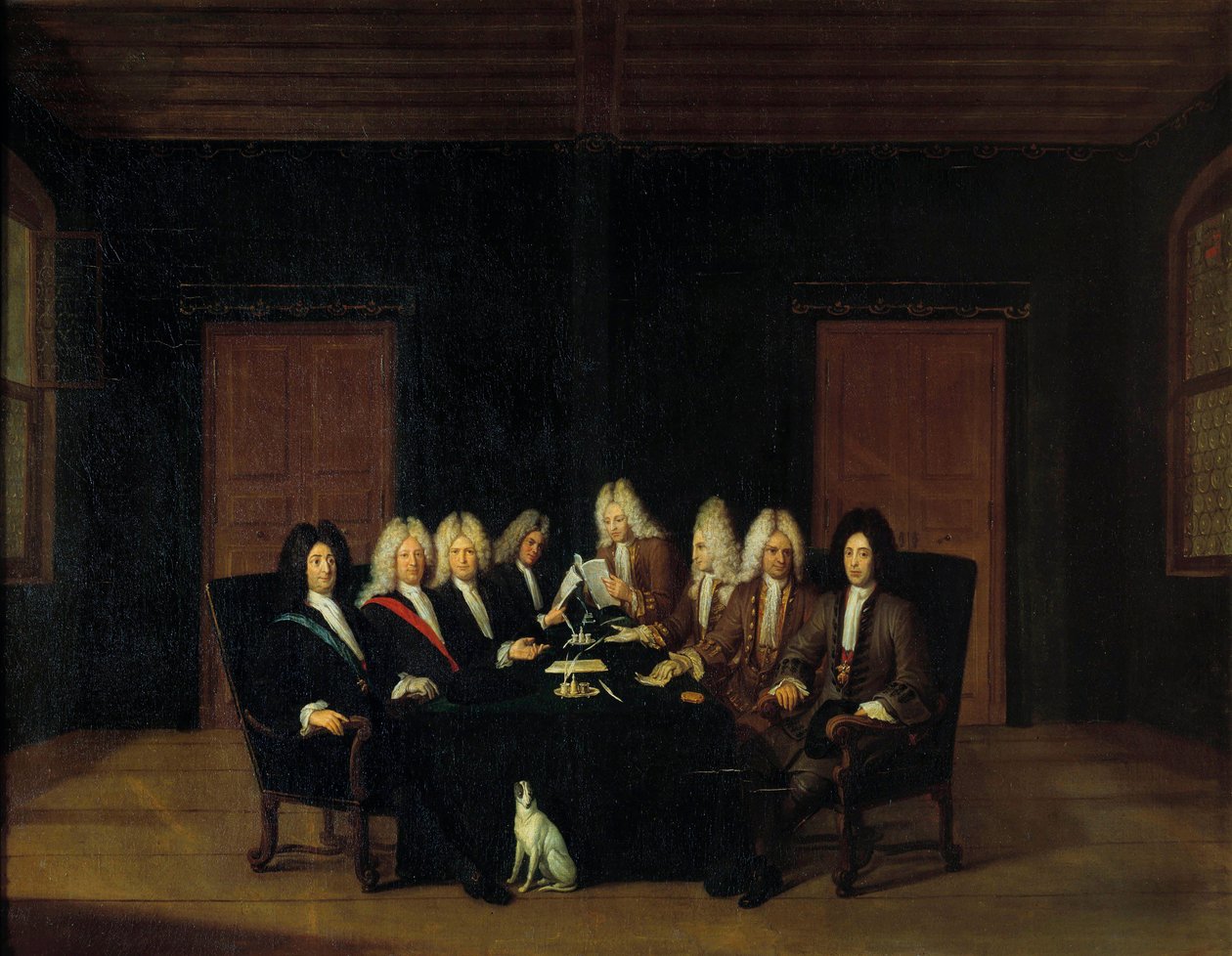 Guerra di successione spagnola: i plenipotenziari riuniti attorno al maresciallo duca di Villars e al principe Eugenio di Savoia-Carignano al Congresso di pace a Borden, il 7/09/1714 da Johann Rudolph the Elder Huber