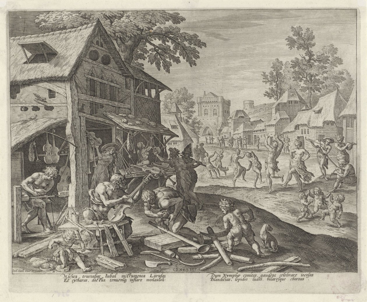 Jubal e la sua famiglia fabbricano strumenti musicali da Johann Sadeler (I)