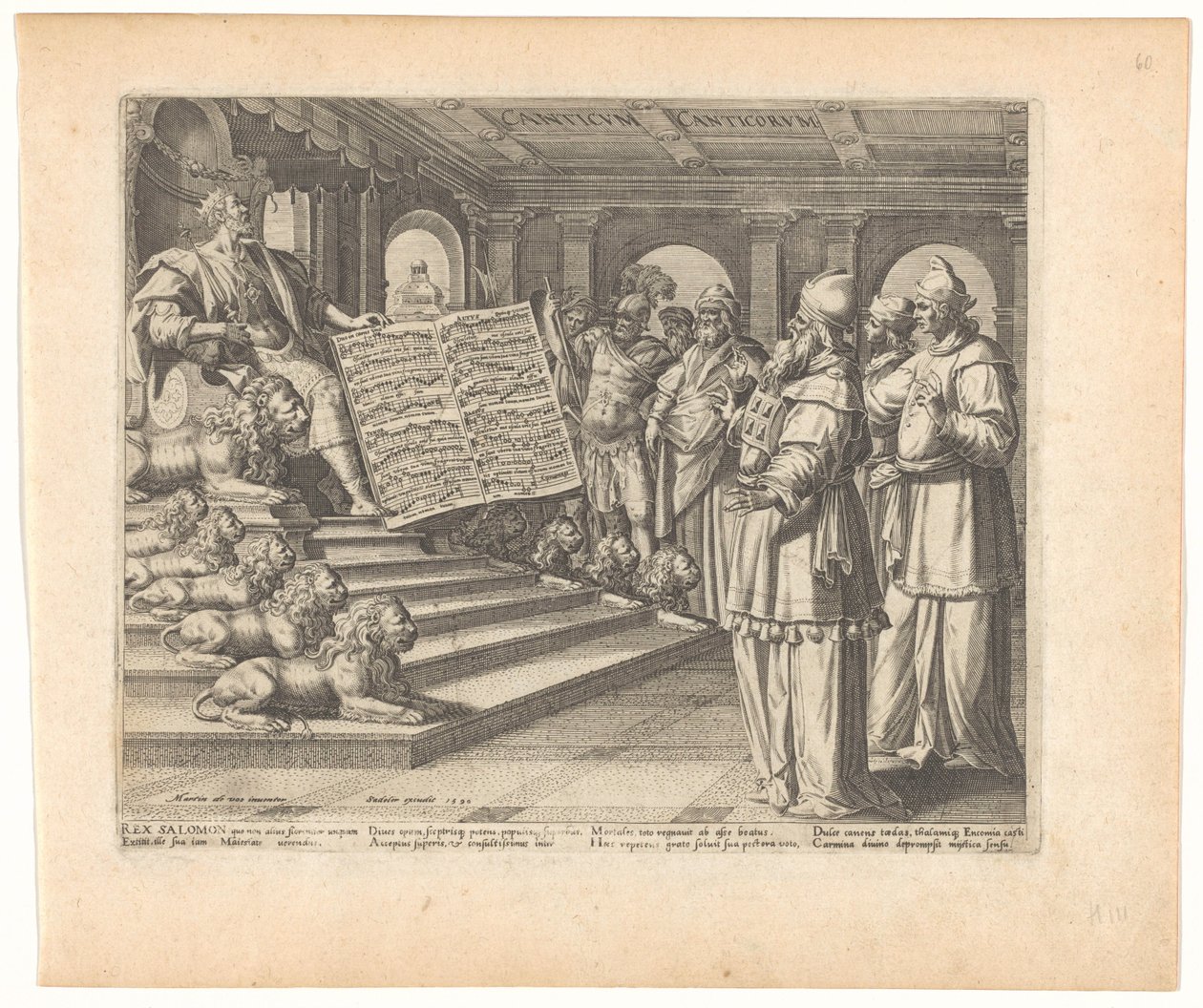 Stampa del mottetto e frontespizio con Salomone come compositore del Cantico dei Cantici (serie Hooglied di Salomone) da Johann Sadeler (I)