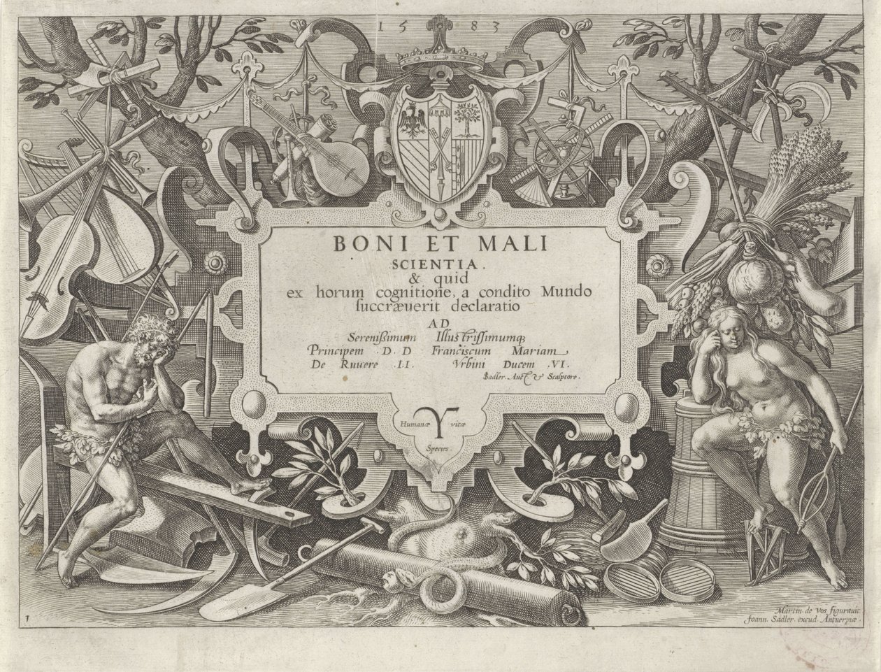 Cornice ornamentale con Adamo ed Eva (Storia della famiglia di Caino / Sulle buone e cattive opere) da Johann Sadeler (I)