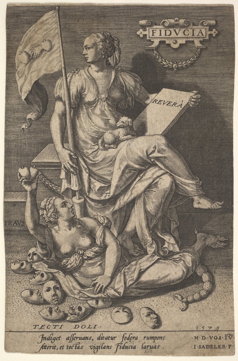 Fiducia, una donna seduta tiene un libro e uno stendardo mentre gira la testa lontano da un orso nudo, 1579 da Johann Sadeler I