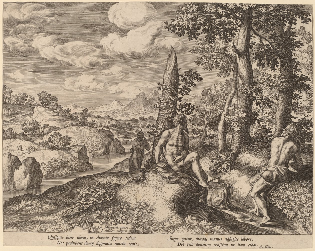 Paesaggio con tre uomini nudi e un cane da Johann Sadeler I