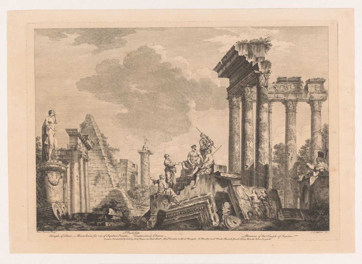 Cinque uomini che discutono vicino a rovine antiche da Johann Sebastian Muller