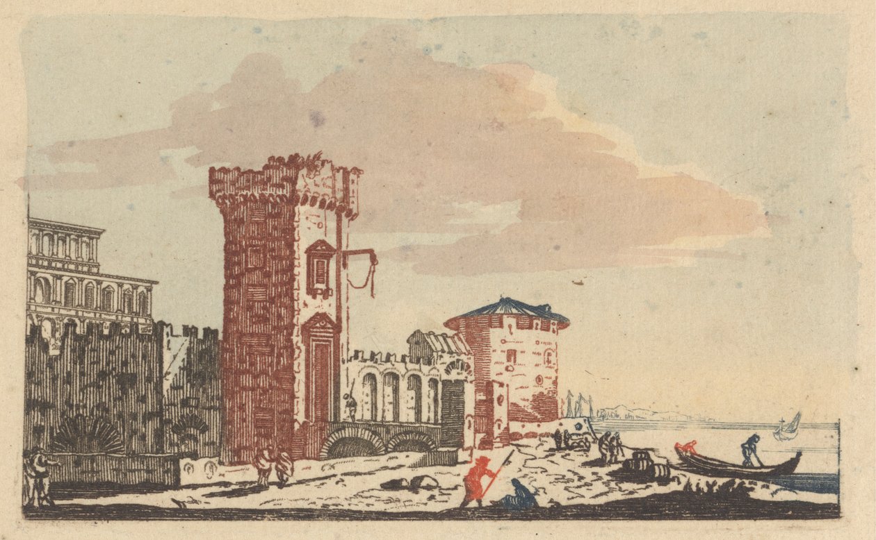 Castelli, Rovine e Paesaggi Marini - Sei Incisioni Colorate da Johann Teyler