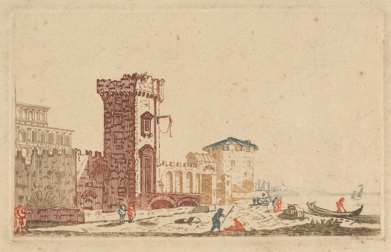 [Una di] Sei Incisioni Colorate di Castelli, Rovine e Paesaggi Marini da Johann Teyler
