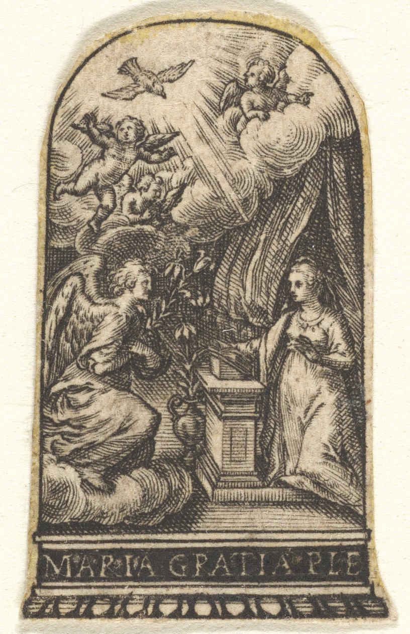 Annunciazione, Maria inginocchiata a un leggio mentre Gabriele si avvicina su una nuvola da Johann Theodor de Bry