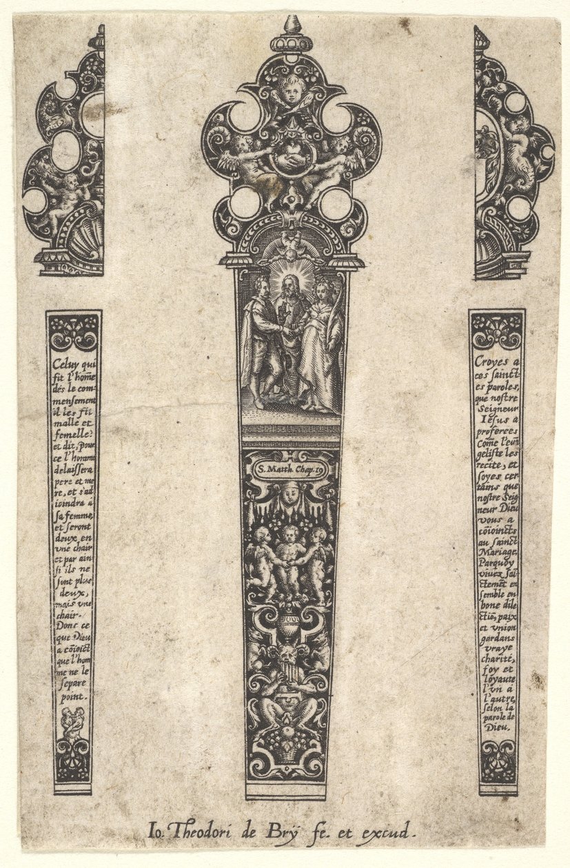 Disegno per manico di coltello per commemorare un matrimonio da Johann Theodor de Bry