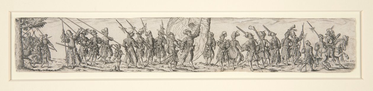 Soldati in marcia con un portabandiera da Johann Theodor de Bry