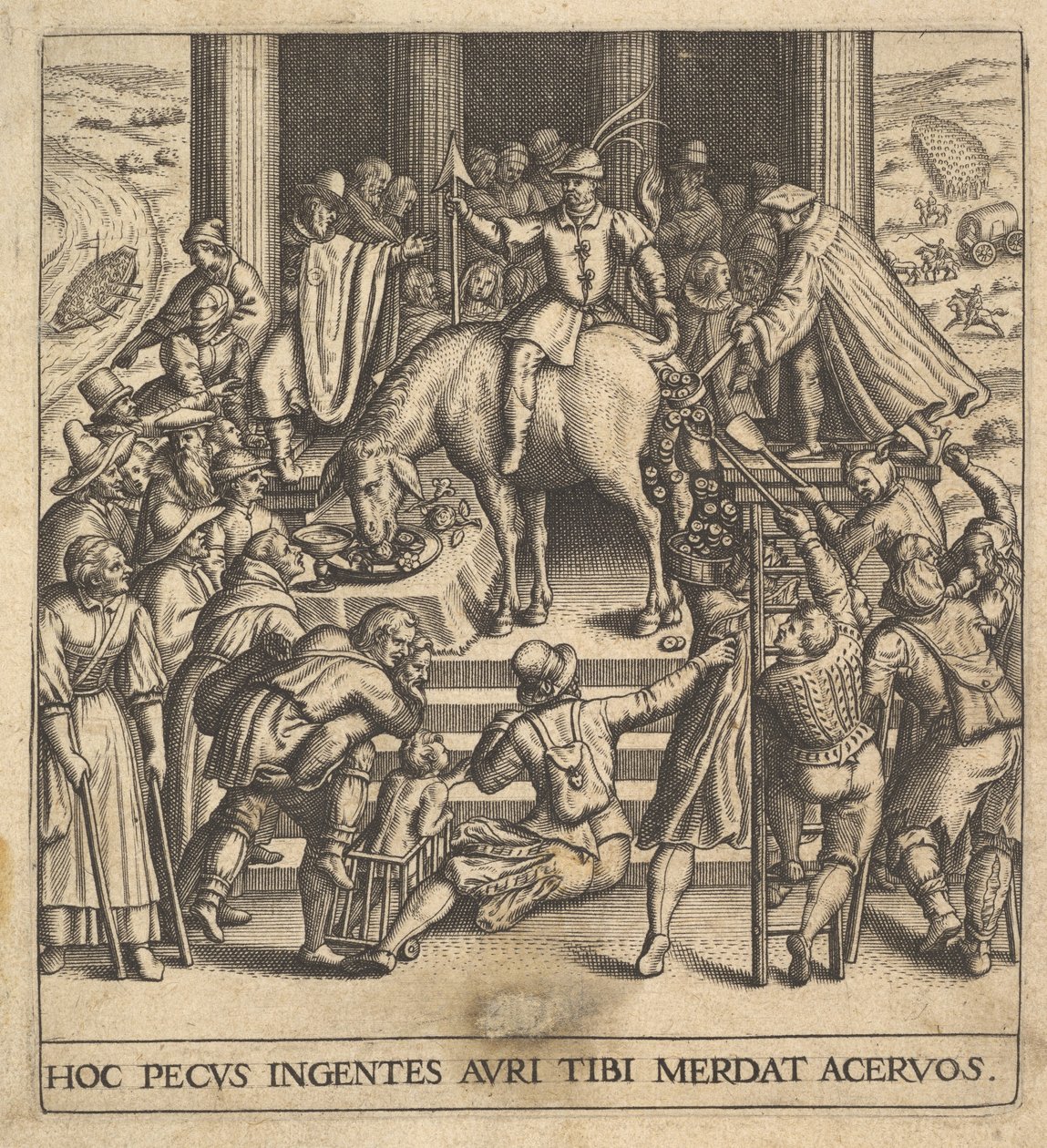 Uomini che raccolgono sterco caduto dal posteriore di un mulo, con un cavaliere seduto dietro, 1592-1614 da Johann Theodor de Bry