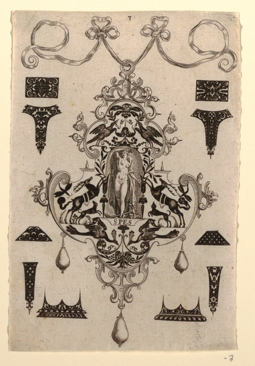 Disegno di pendente con la Virtù Speranza, Tavola 3, da una serie di otto disegni di pendenti con le virtù cardinali da Johann Theodor de Bry