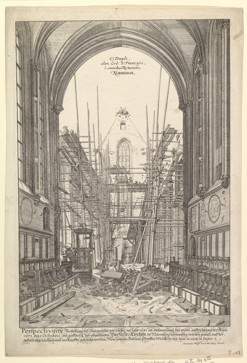 Veduta della Chiesa dei Francescani a Norimberga in ricostruzione, dalla serie V. da Johann Ulrich Kraus
