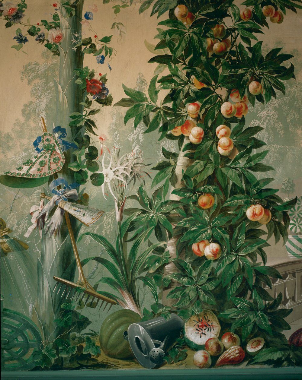 Scena di giardino, albero da frutto e cappello, guanti e rastrello di una giardiniera nella stanza del giardino ... da Johann Wenzel Bergl