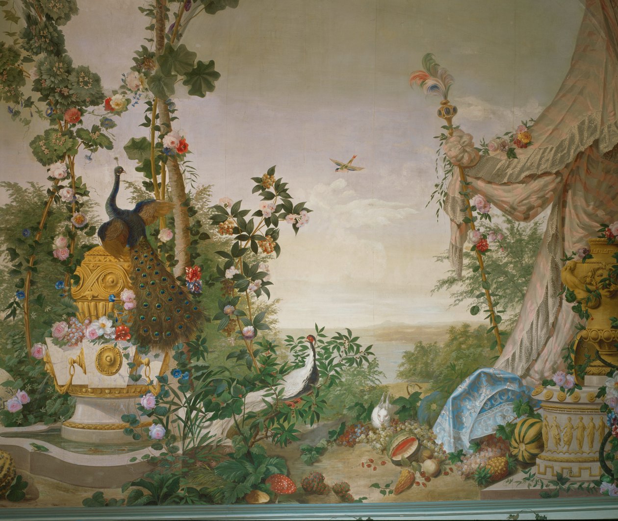 Scena di giardino con pavone e tenda nella Sala del Giardino del Castello di Schönbrunn ... da Johann Wenzel Bergl