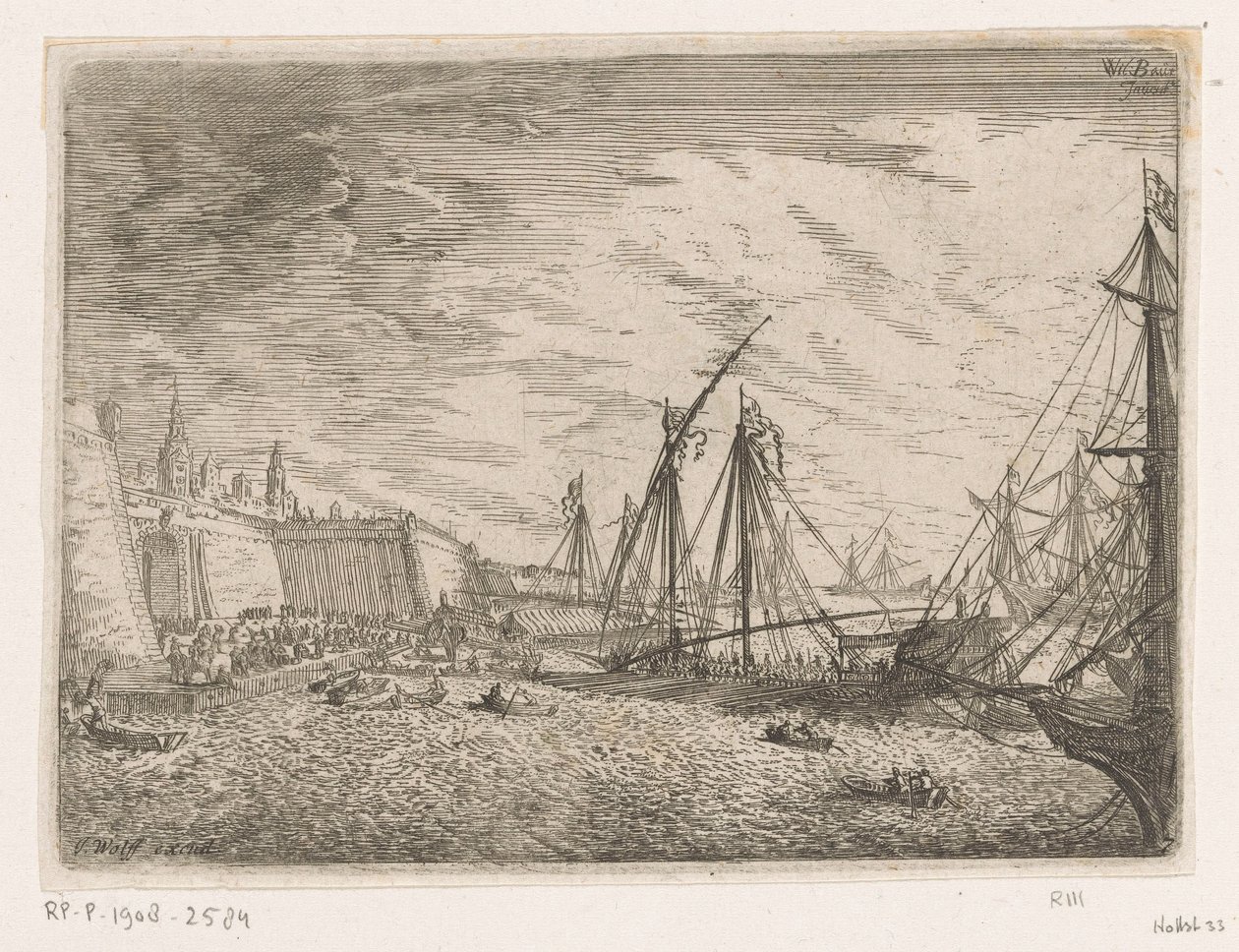 Veduta del porto con navi a vela e galee davanti a una cinta muraria da Johann Wilhelm Baur