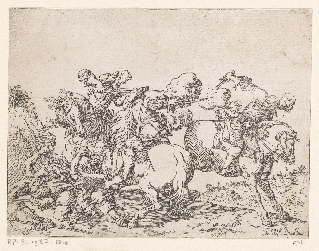 Due moschettieri a cavallo sparano a un cavaliere da Johann Wilhelm Baur