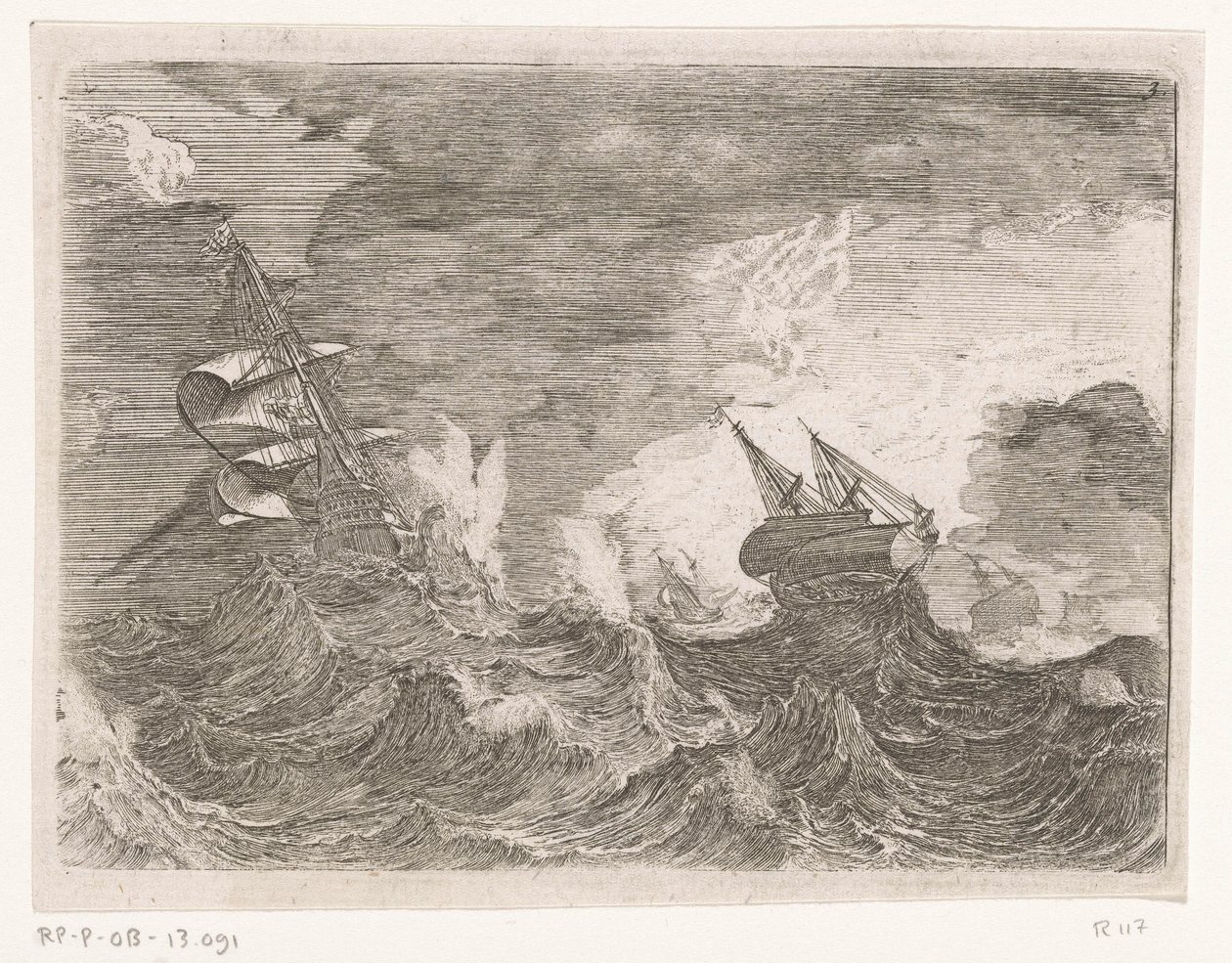 Cinque navi a vela in mare durante una tempesta (serie Schepen in stormachtig weer) da Johann Wilhelm Baur