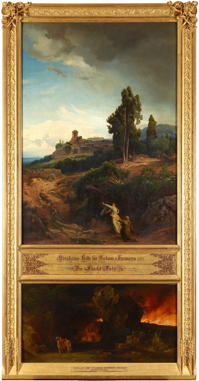 Abrahams Bitte für Sodom (oben). Die Flucht Lots (unten). Aus dem Zyklus "Zwölf biblische Landschaften mit der Geschichte Abrahams" da Johann Wilhelm Schirmer