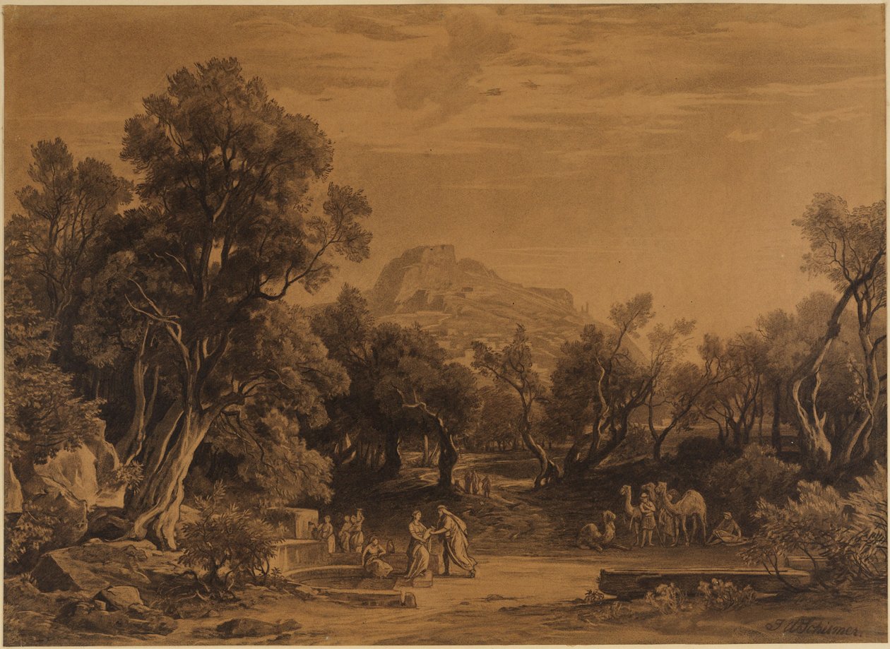 Eliezer e Rebecca al pozzo (Genesi 24, 17-18) da Johann Wilhelm Schirmer