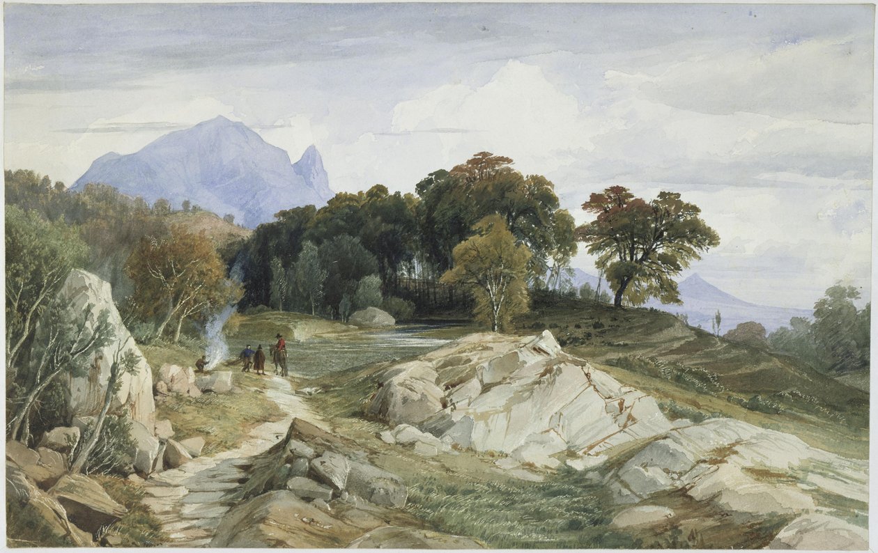 Paesaggio boschivo e montano italiano, un cavaliere e tre uomini attorno al fuoco da Johann Wilhelm Schirmer