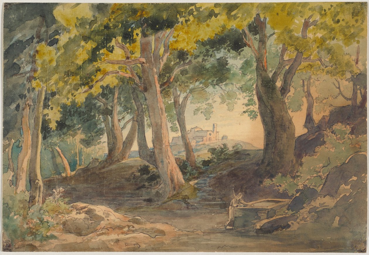 Paesaggio - con alti alberi secolari a foglia caduca e, sullo sfondo, una collina con un castello da Johann Wilhelm Schirmer